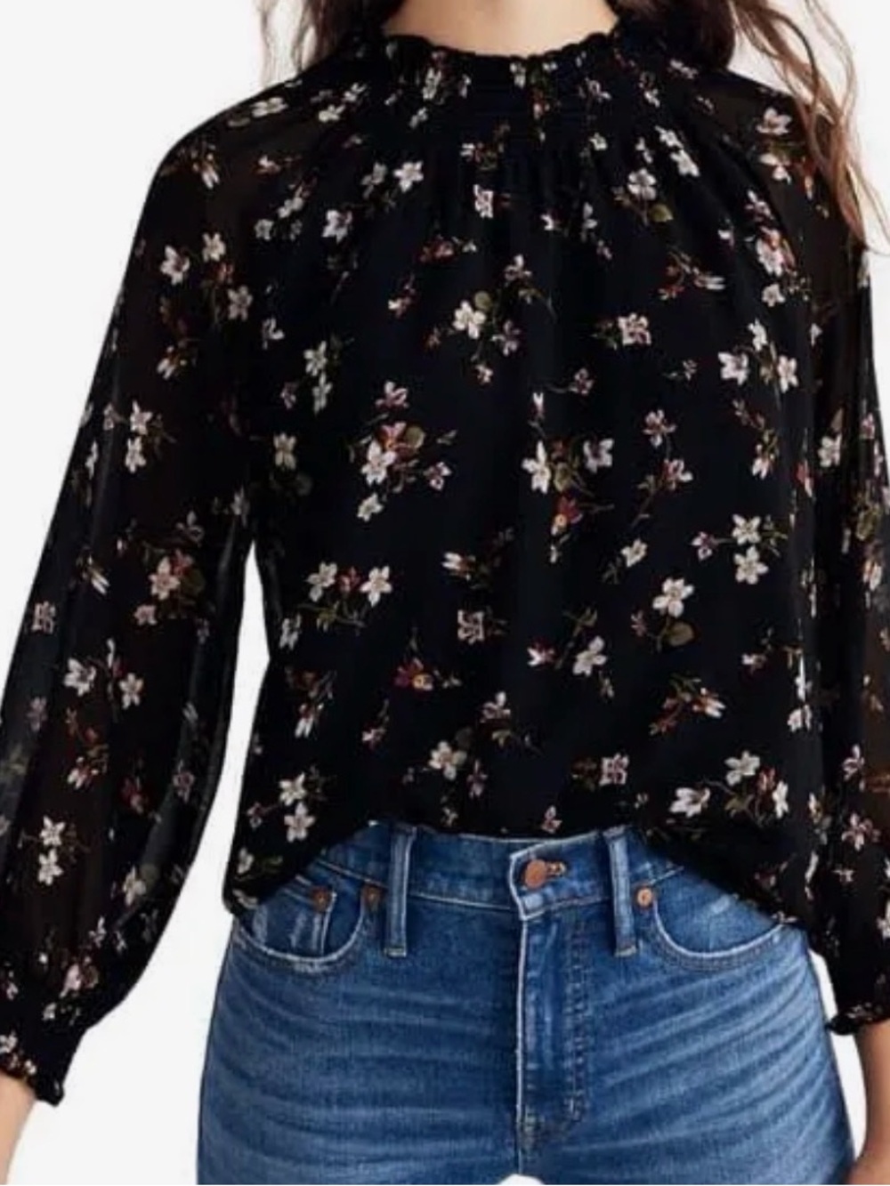 Madewell Black Floral Smocked Blouse - Long Sleeve - Size Small